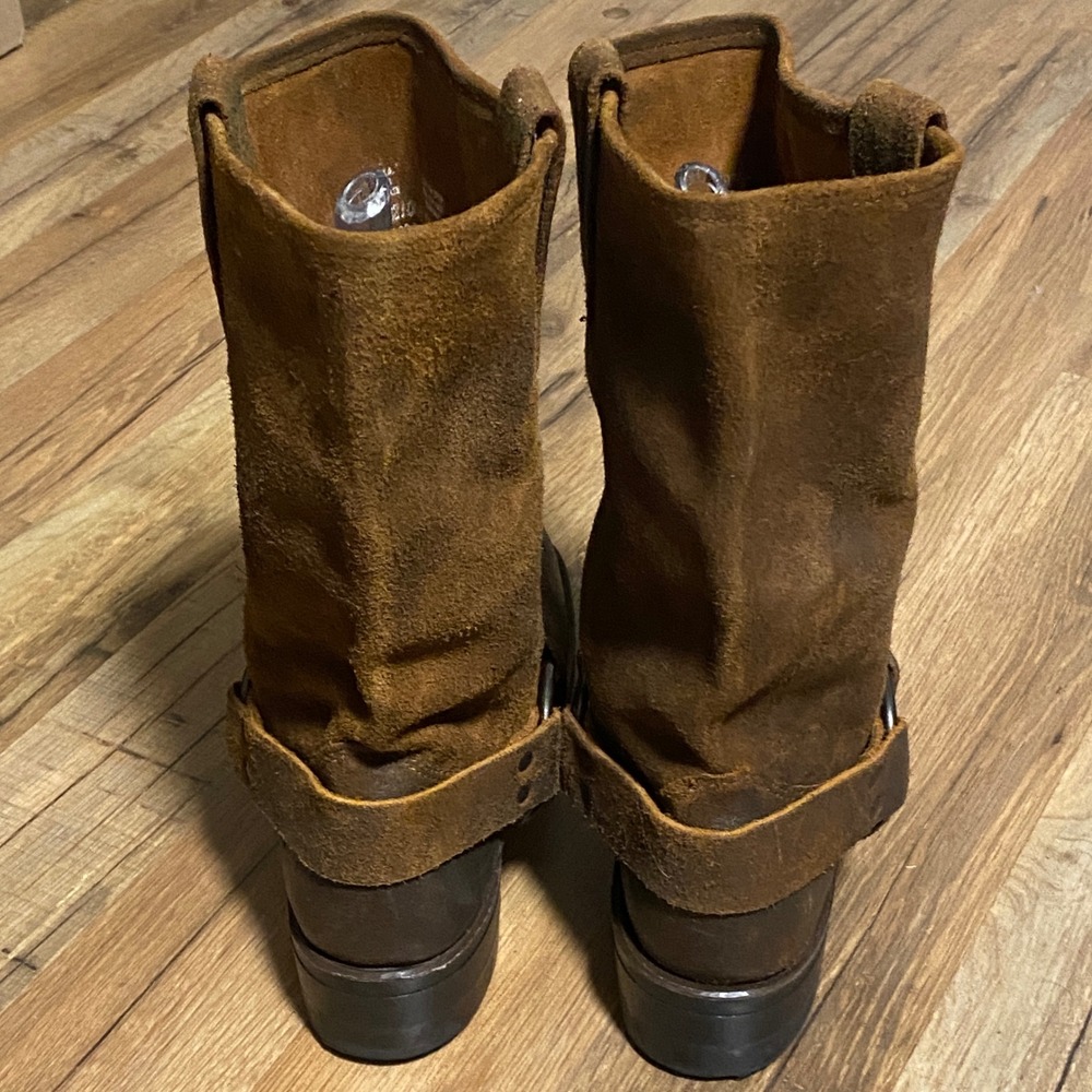 Frye Harness 12R Brown Distressed Leather Square Toe Moto Boots Women's Size 8M - Picture 9 of 10